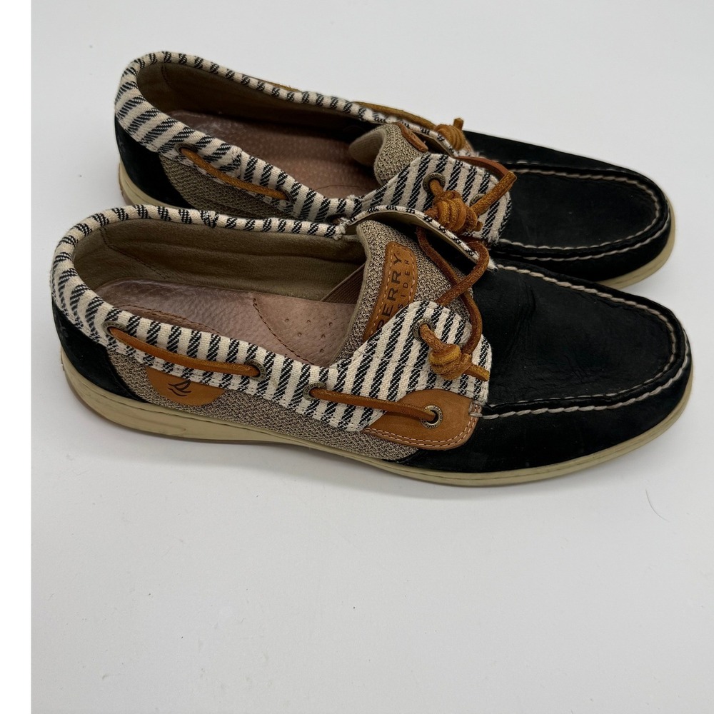Sperry Top-Sider Womens Size 11 Black Leather Striped Canvas Boat Shoes Flats